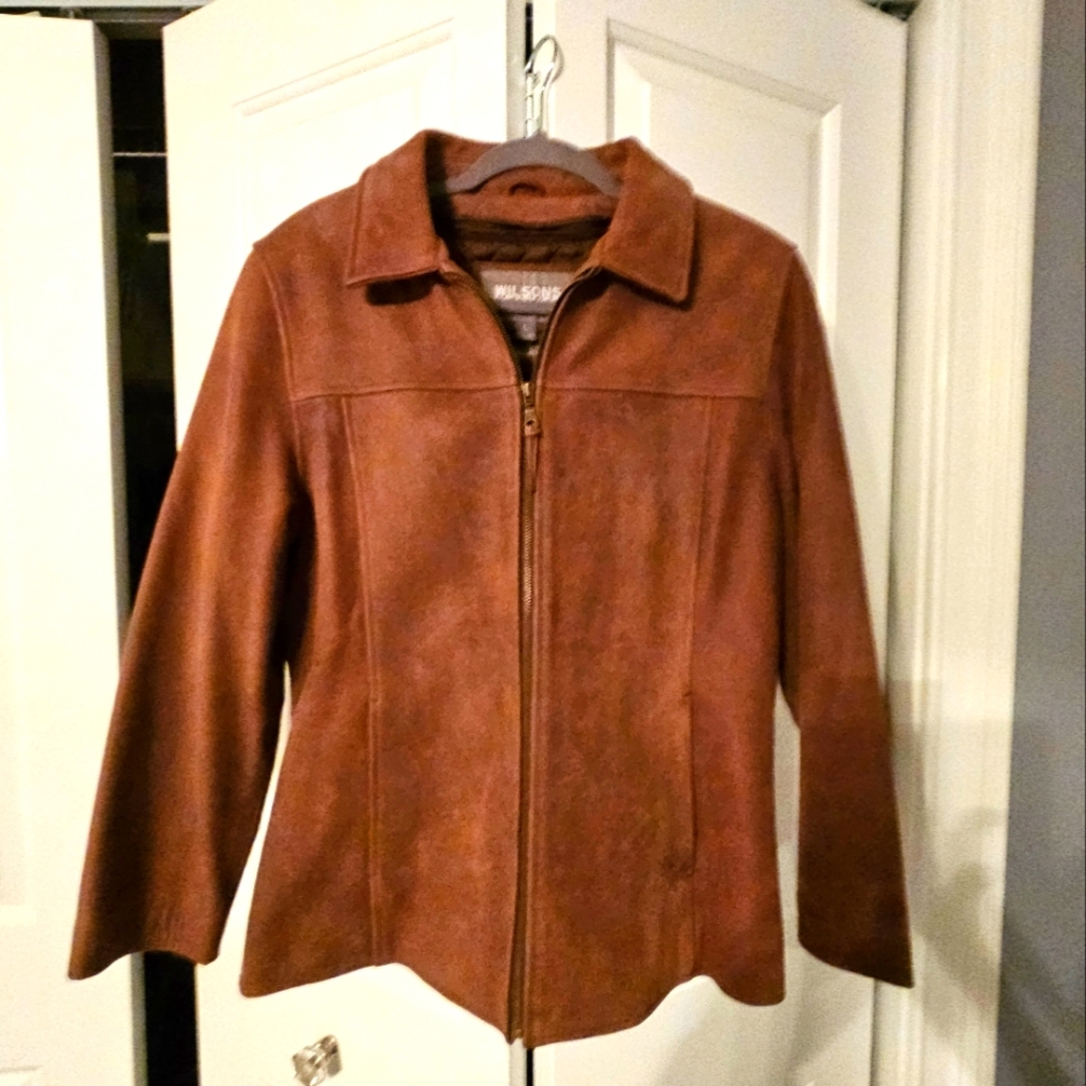 Wilsons Leather Brown Leather Jacket with Collared Neckline and Hip Length